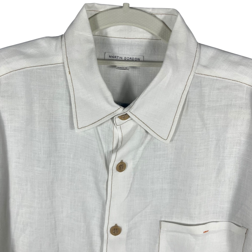 Martin Gordon Button Down Shirt Mens Large White 100% Linen Contrast Stitch